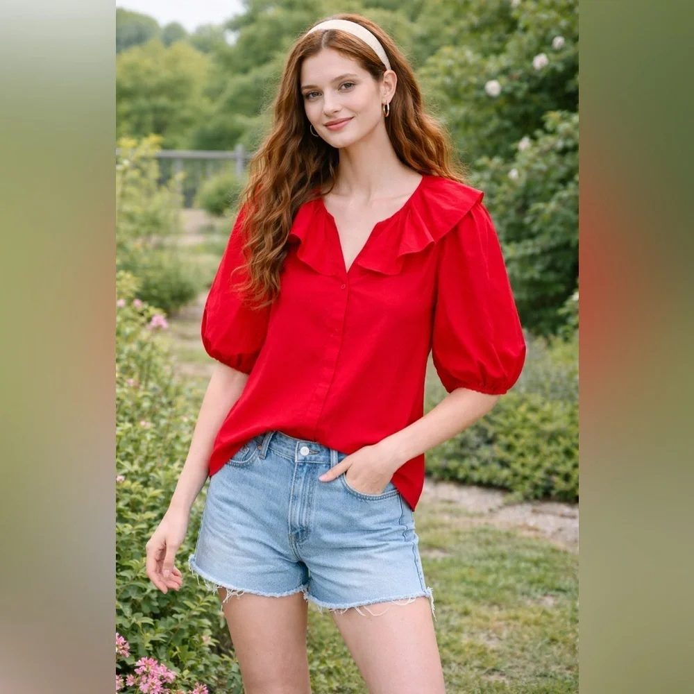 Madewell Cotton Silk Ruffle Y-Neck Blouse Festival Red XS NWT Puff Sleeve Top